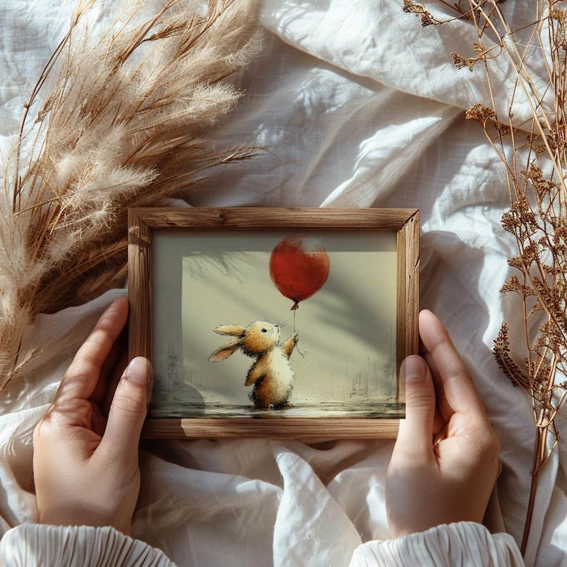 Hand-drawn Rabbit With Balloon Art Print – Whimsical Nursery Decor ...