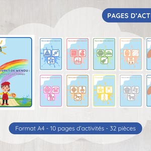 Peut inclure: Ensemble de pages d'activités pour enfants avec des illustrations colorées. La couverture présente un artiste de dessin animé peignant un arc-en-ciel. Les pages incluent des formes, des couleurs et des objets. Texte : "LE P'TIT LIVRET DE WENOU" et "PAGES D'ACTIVITÉS".