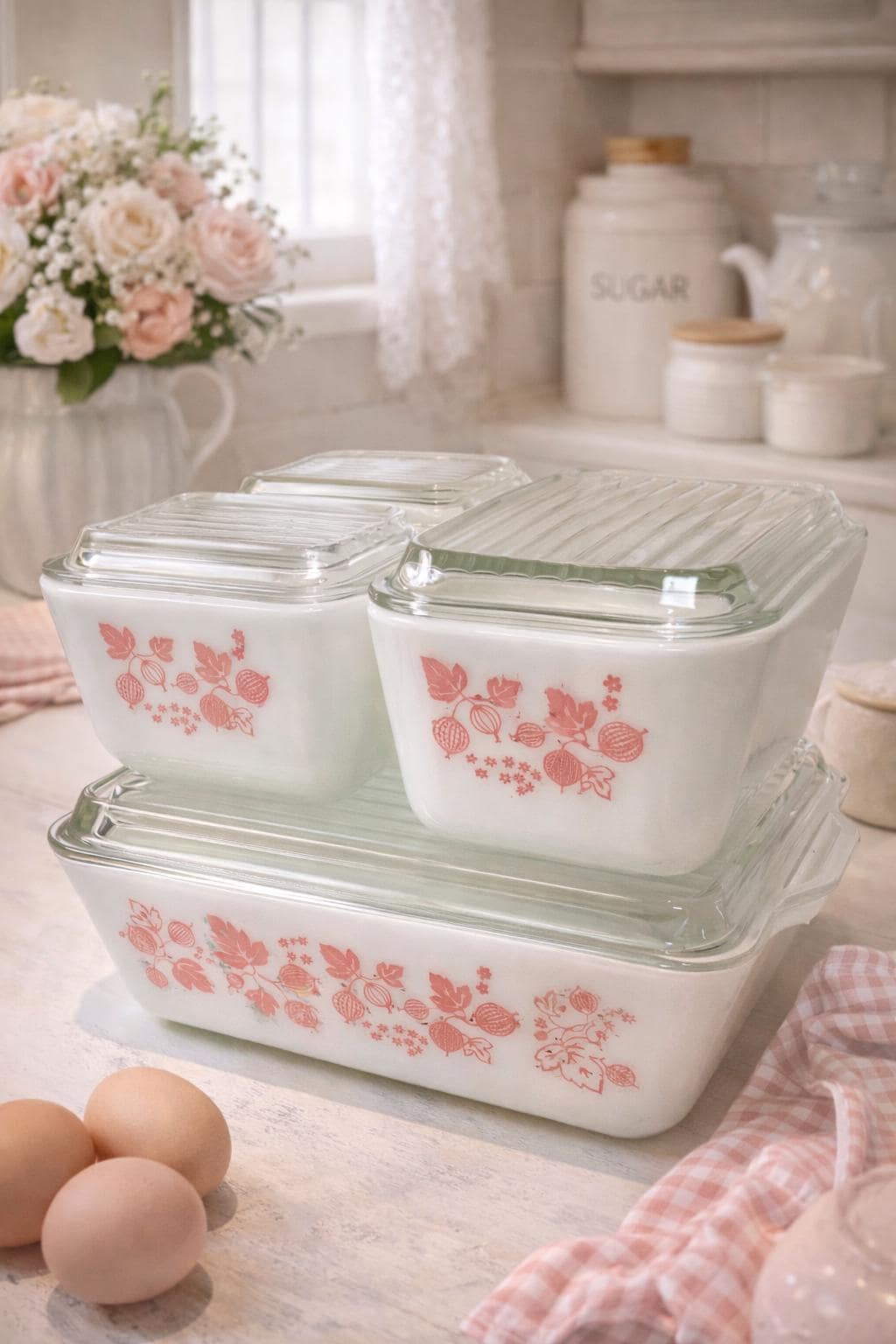 Pyrex Gooseberry Pink Refrigerator Dish Set Complete With Lids