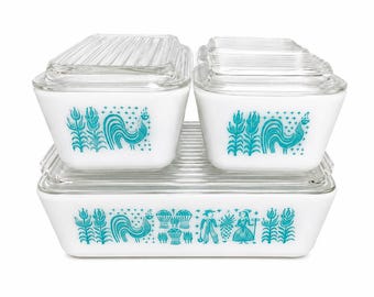 Juego de recipientes para refrigerador Pyrex Amish vintage con estampado de mantequilla y tapas de vidrio