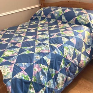 Patchwork Quilt Double Bed Blue Floral Handmade Quilt Cottage Farmhouse Bedding Retro Floral Bedspread