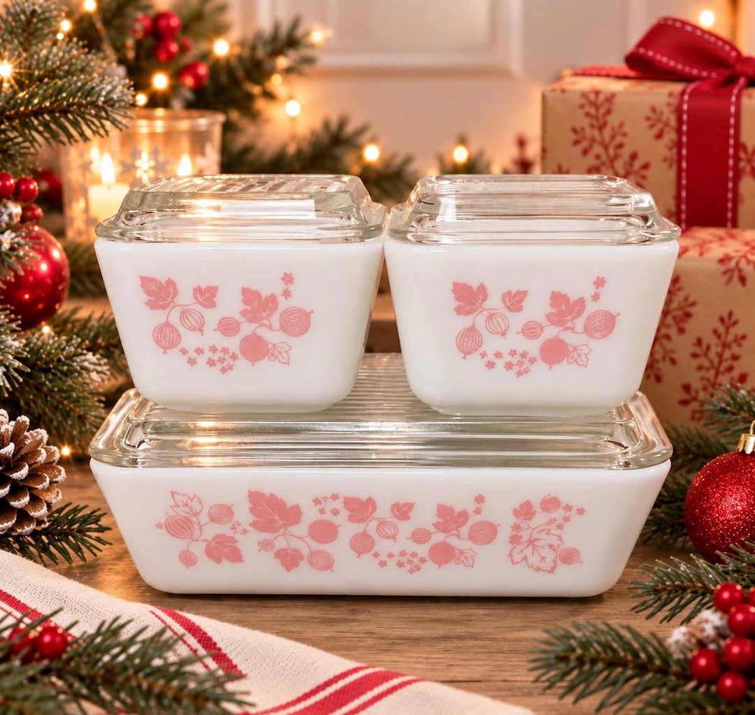 Pyrex オールドパイレックス　グーズベリー　グースベリー　レフリジレーター Pyrex Gooseberry Pink Refrigerator Dish Set Complete With Lids