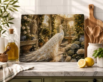 White Peacock Conservatory Glass Cutting Board, Victorian Garden Kitchen Decor, Elegant European Orangery, Luxury Floral Kitchen Art