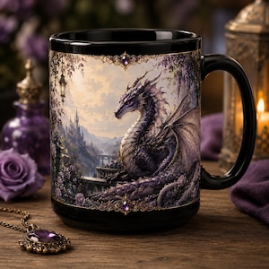 Tazza da 440 ml con maestoso drago ametista, elegante tazza da caffè fantasy, decorazione con castello gotico, regalo vittoriano con drago, tazza con creatura mitologica