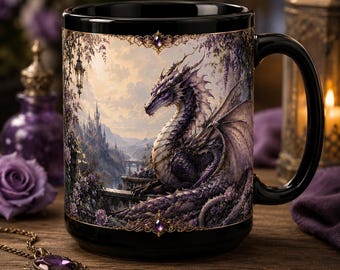 Majestic Amethyst Dragon Mug 15oz, Elegant Fantasy Coffee Cup, Gothic Castle Art, Victorian Dragon Gift, Mythical Creature Mug