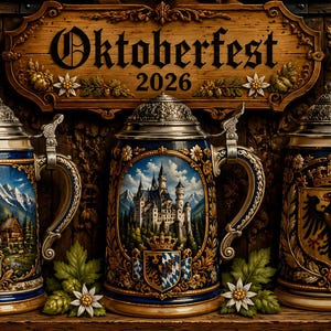 May include: Three ornate beer steins with metal lids arranged on a wooden surface. The steins feature detailed illustrations of a mountain landscape, a castle, and a heraldic eagle. Above them is a wooden sign with the text Oktoberfest 2026.