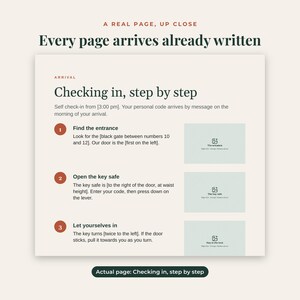 May include: A digital information page titled Checking in, step by step, featuring instructions for arrival, finding the entrance, opening the key safe, and letting yourselves in, with three placeholder image boxes for visual guidance.