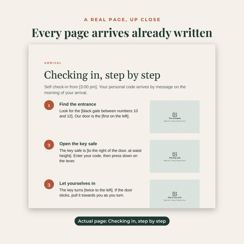 May include: A digital information page titled Checking in, step by step, featuring instructions for arrival, finding the entrance, opening the key safe, and letting yourselves in, with three placeholder image boxes for visual guidance.