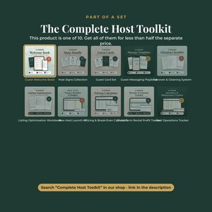 May include: A digital collection titled The Complete Host Toolkit, featuring ten distinct templates including a Guest Welcome Book, Host Signs, Guest Cards, Message Templates, Cleaning Checklist, Listing Optimization, Setup Checklist, Pricing Calculator, Income Tracker, and Operations Tracker.