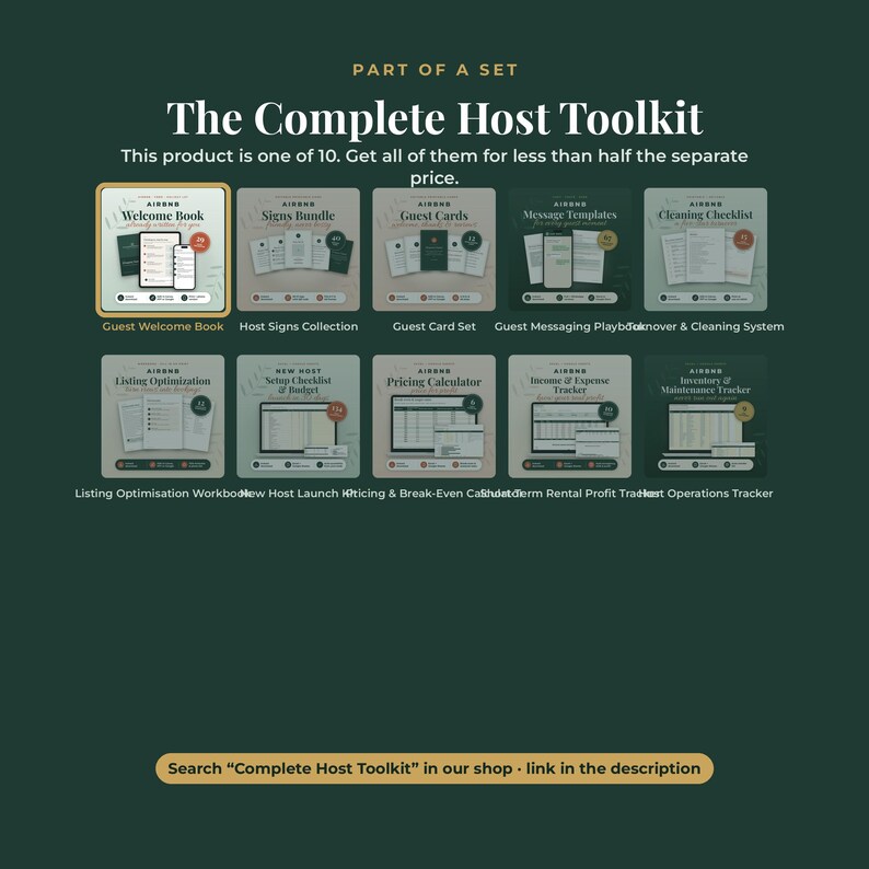 May include: A digital collection titled The Complete Host Toolkit, featuring ten distinct templates including a Guest Welcome Book, Host Signs, Guest Cards, Message Templates, Cleaning Checklist, Listing Optimization, Setup Checklist, Pricing Calculator, Income Tracker, and Operations Tracker.