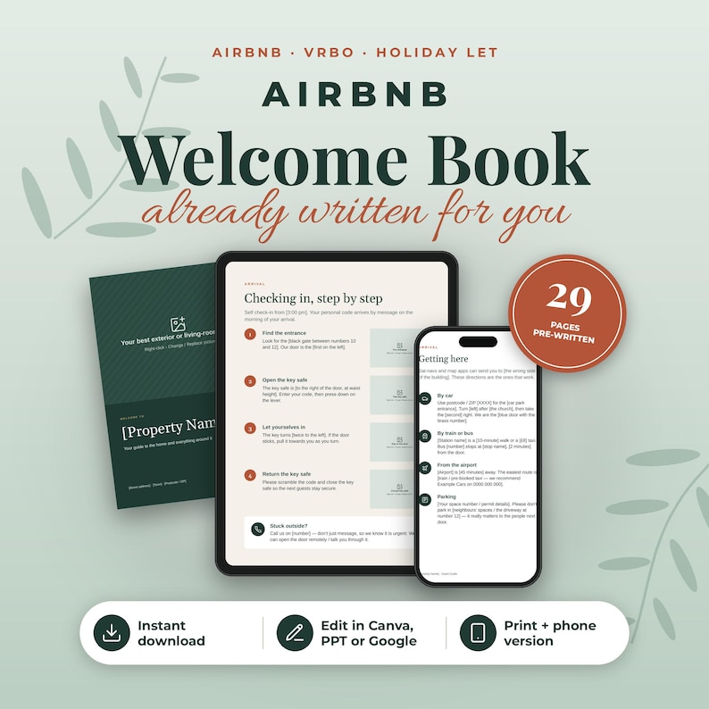 May include: A digital welcome book template for Airbnb and VRBO hosts featuring a tablet and smartphone displaying check-in instructions. The design includes a dark green cover, a 29-page pre-written content badge, and icons for instant download, editing, and printing.