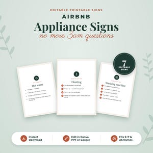 May include: A set of seven editable printable signs for Airbnb appliances, featuring instructions for hot water, heating, and a washing machine. The signs are displayed on a light green background with dark green text and icons.