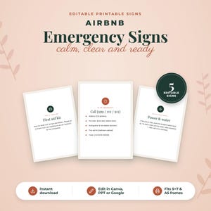 May include: A set of five editable printable emergency signs for Airbnb hosts. The signs feature dark green text on a light pink background, including instructions for a first aid kit, emergency contact numbers, and power and water utility information.
