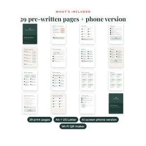 May include: A digital template set featuring 29 pre-written pages and a phone version. The layout includes various informational documents with dark green and cream backgrounds, text, and icons. Labels include 29 print pages, A4 + US Letter, 41-screen phone version, and Wi-Fi QR maker.