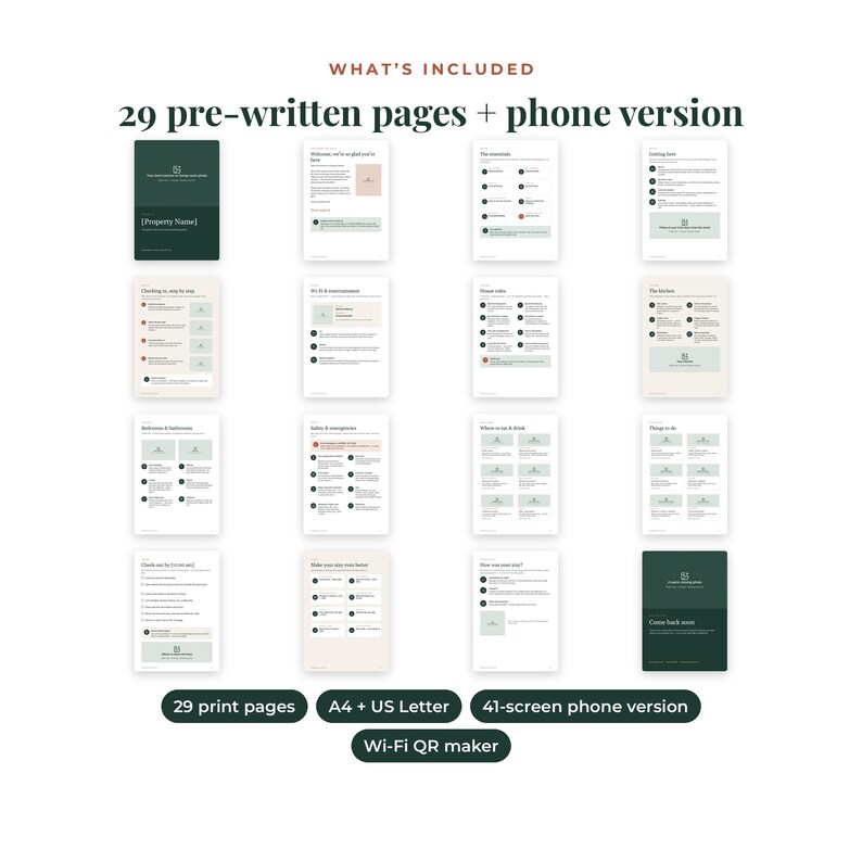 May include: A digital template set featuring 29 pre-written pages and a phone version. The layout includes various informational documents with dark green and cream backgrounds, text, and icons. Labels include 29 print pages, A4 + US Letter, 41-screen phone version, and Wi-Fi QR maker.
