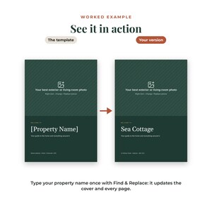 May include: A digital template for a property guide cover featuring a dark green background with diagonal stripes. The design includes a placeholder for a photo, the text Sea Cottage, and a section for address details, demonstrating a before and after edit.