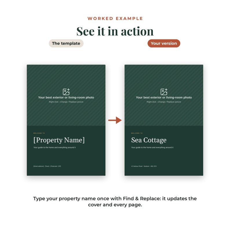 May include: A digital template for a property guide cover featuring a dark green background with diagonal stripes. The design includes a placeholder for a photo, the text Sea Cottage, and a section for address details, demonstrating a before and after edit.