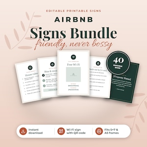 May include: A digital bundle of editable printable signs for Airbnb hosts, featuring text such as House rules, Bins & recycling, Free Wi-Fi, and Check-out by 11 am. The set includes 40 signs designed to fit 5x7 inch and A5 frames.