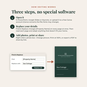 May include: An instructional graphic titled How Editing Works: Three steps, no special software. It outlines three steps for editing a document in PowerPoint, Google Slides, Keynote, or Canva, and shows a Find and Replace dialog box.