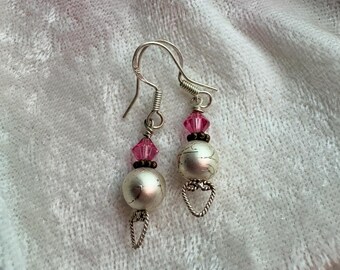 Sterling Silver Heart Earrings, Pink Swarovski Crystals, Pearl Bead, Dangle Jewelry