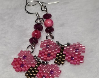 Handmade Brick Stitch Butterfly Earrings: Pink, Red Faceted Glass Beads