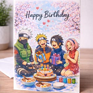 May include: A birthday greeting card featuring anime-style characters. The card displays the text "Happy Birthday" above a group of four characters, a cake, gifts, and food. The background has a floral design with pink blossoms and hearts.