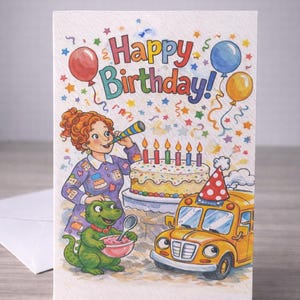 Può includere: Biglietto di compleanno illustrato. Presenta la scritta "Happy Birthday!" sopra una scena con una donna, una torta con candele, un autobus scolastico e un dinosauro verde. Sono presenti anche palloncini e coriandoli.