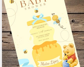 May include: Baby shower invitation featuring a honey pot with dripping honey, a cartoon bear, and bees. The invitation includes the text "Baby Shower", "Join us for Baby Shower", date, time, address, and RSVP information. The invitation is personalized with the name "Mateo López".