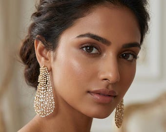 Statement Elegance: Long Indian Earrings with CZ Diamond in Premium Antique Gold-Finish-Handmade Glamour