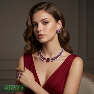 May include: A woman wearing a ruby and diamond jewellery set, including a necklace, earrings, and ring. The necklace features a large rectangular ruby pendant. The earrings and ring have a similar design. The jewellery is set against a red dress.