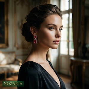 May include: A woman wearing ruby red rectangular drop earrings. The earrings are set in a silver metal. The woman is wearing a black dress. The word "NOZARIA" is printed in white on a green background.