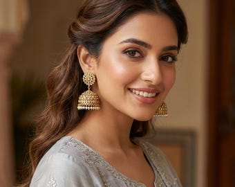 Regal Radiance: Antique Gold-Finish Jhumka Earrings with CZ, Kundan, Polki, and Pearl Accents-Indian Traditional Style Statement Jewelry