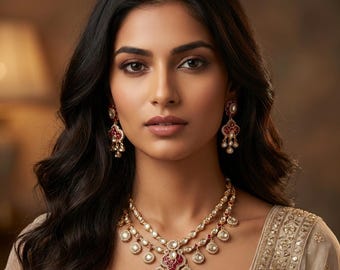 Royal Radiance: Indian-Inspired Ruby Pink & CZ Diamond Necklace Set with Premium Gold Finish-A Statement of Uncut Elegance