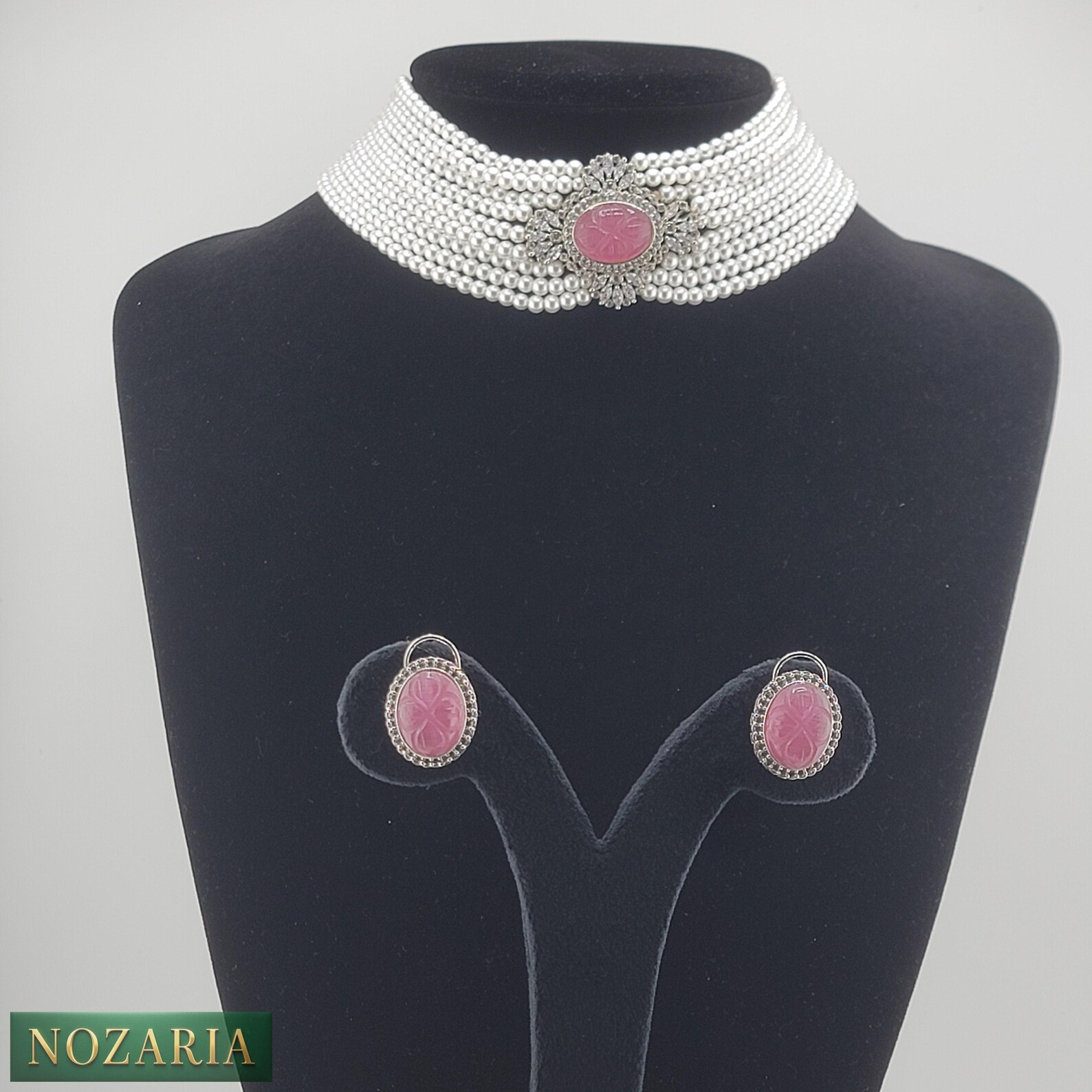 Pink Rhinestone Choker Elegant Pink Stone Choker Set: Handmade Brass With Premium Silver ...