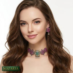 Boho Luxe Layered Look: Premium Silver-Finish Choker Set with Green, Ruby Pink, Jadau, & White Pearl Accents-Handmade Indian Style Statement
