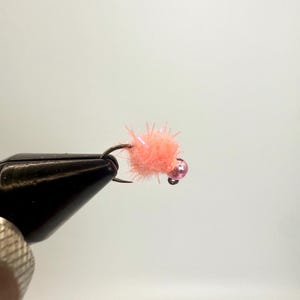 May include: Close-up of a fly fishing lure. The lure features a pink, fluffy body with a small, iridescent bead. The hook is black, and the background is a plain white.