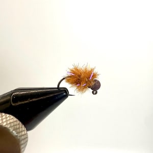 May include: A close-up of a fishing fly held in a vise. The fly has a brown body with purple accents and a dark hook. The vise is black with a silver adjustment knob. The background is plain white.
