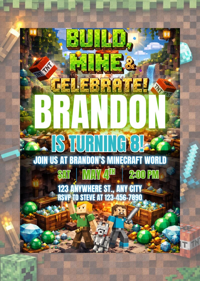 PERSONALIZED - Minecraft TNT Birthday Invitation, Build Mine Celebrate ...