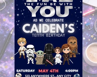 Jedi Birthday Invitation Editable Canva May 4th Galaxy Party Invite Digital Download