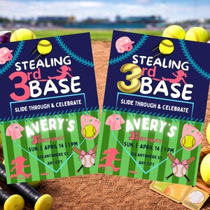 Softball 3rd Birthday Invitation Girl Stealing 3rd Base Party Canva Template