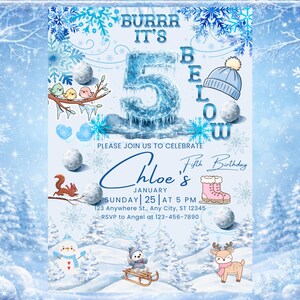 May include: A winter-themed invitation with a light blue background. The text reads "Burrr It's Below" and "Chloe's Fifth Birthday". The design includes snowflakes, snowballs, and winter illustrations such as a squirrel, birds, and a snowman.