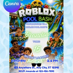 Peut inclure: Une invitation colorée pour une fête Roblox Pool Bash, avec des personnages de dessins animés dans une piscine. Le design comprend le texte "ROBLOX POOL BASH", "Brandon Turns 15" et les détails de l'événement. Fond bleu avec des palmiers et des fleurs.