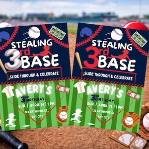May include: Two baseball-themed birthday party invitations. The invitations feature the text "Stealing 3rd Base" and "Slide Through & Celebrate". The invitations also include the name "Avery's" and the date and time of the party.