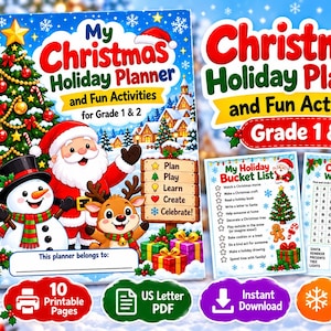 Może przedstawiać: Książka My Christmas Holiday Planner and Fun Activities dla klas 1 i 2 z Mikołajem, bałwanem i reniferem. Zawiera listę świątecznych zadań oraz wykreślankę z bożonarodzeniowymi grafikami i napisami.