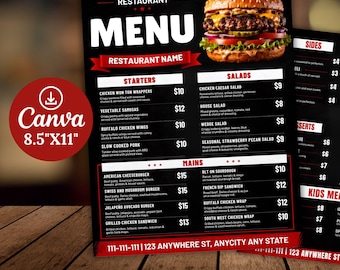 Plantilla de menú de restaurante / Diseño de menú de comida de cafetería editable / Folleto moderno para comida para llevar / Menú de cócteles y bebidas de bar / Plantilla de Canva para hacerlo tú mismo