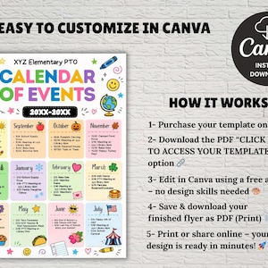 Pu&ograve; includere: Un modello di calendario colorato per eventi scolastici, personalizzabile in Canva. Il design presenta una griglia di calendario con elenchi di eventi mensili, illustrazioni e il testo "Calendario degli eventi". Include istruzioni.