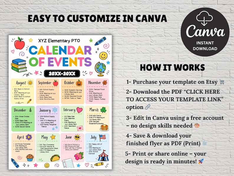 Pu&ograve; includere: Un modello di calendario colorato per eventi scolastici, personalizzabile in Canva. Il design presenta una griglia di calendario con elenchi di eventi mensili, illustrazioni e il testo "Calendario degli eventi". Include istruzioni.