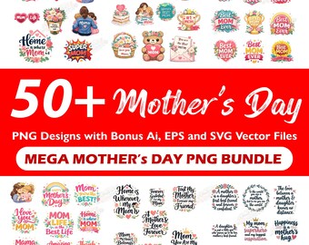 Muttertag 50 plus PNG SVG Bundle, Floral, Cute Mom Clipart, Digital Download für Aufkleber, Tassen, Shirts, Karten & Kunsthandwerk