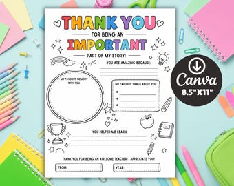 Dankeschön-Malseite für Lehrer, Geschenk für die Wertschätzung des Lehrers, bearbeitbare Canva-Vorlage, Aktivität zum Jahresende, druckbare PDF-Datei, digitaler Download