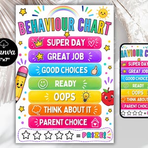 May include: A 13cm x 18cm behaviour chart featuring a rainbow colour scheme with seven horizontal bars labelled Super Day, Great Job, Good Choices, Ready, Oops, Think About It, and Parent Choice. It includes a pencil, apple, and five stars for prizes.
